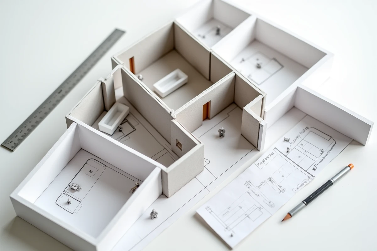 Maquette architecturale au sol illustrant la distinction entre mur de refend et cloison
