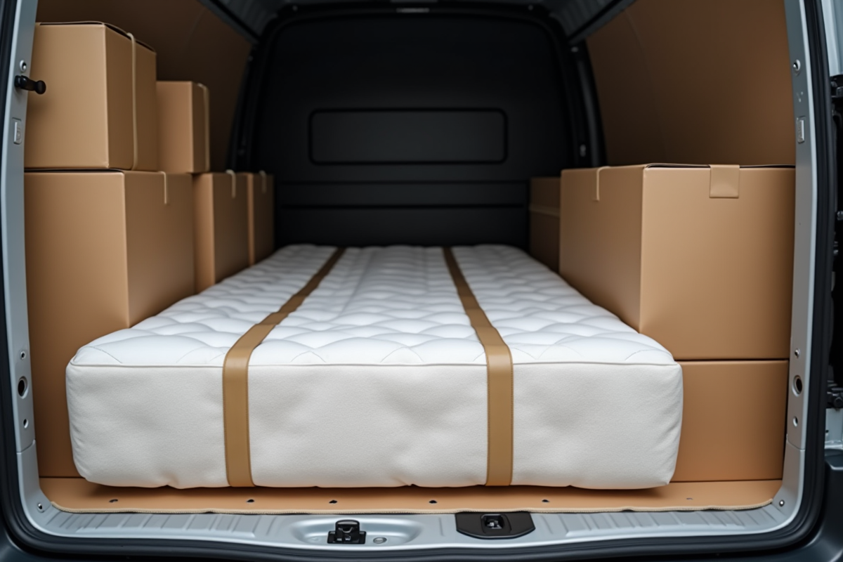 Matelas roulé dans une camionnette bien chargée