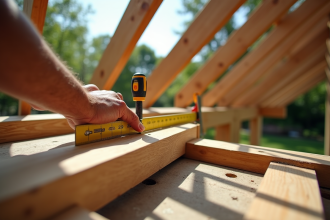 Mains d'ébéniste mesurant des poutres en bois pour une pergola moderne dans un jardin