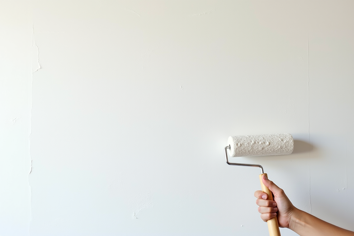 Zoom sur un mur texturé partiellement peint avec un rouleau blanc