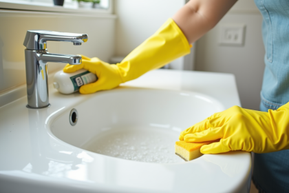 Personne nettoyant une baignoire avec des gants jaunes et une éponge
