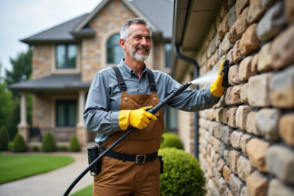 Homme moyenâgeux nettoyant une façade en pierre avec un jet d'eau