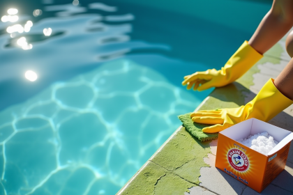Personne nettoyant la piscine avec des gants jaunes et bicarbonate