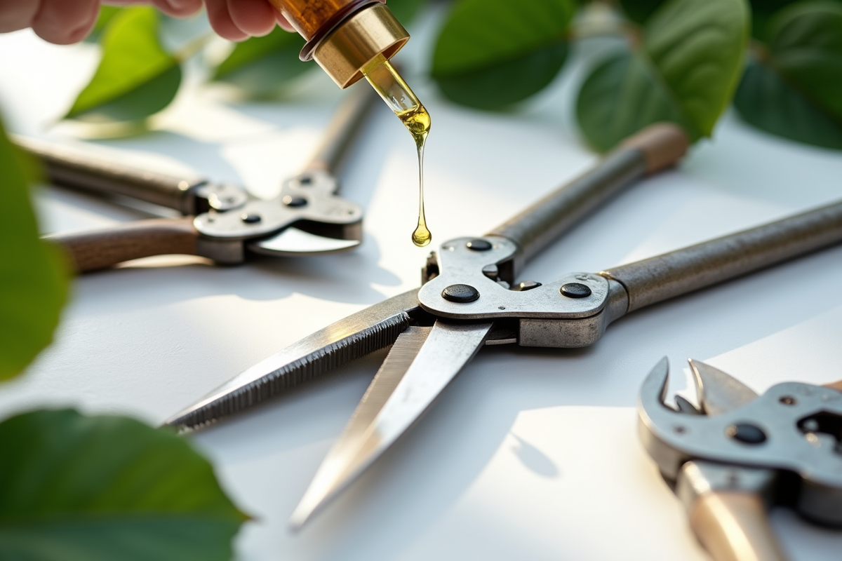 Outils de jardinage en acier avec huile de camellia sur sécateur