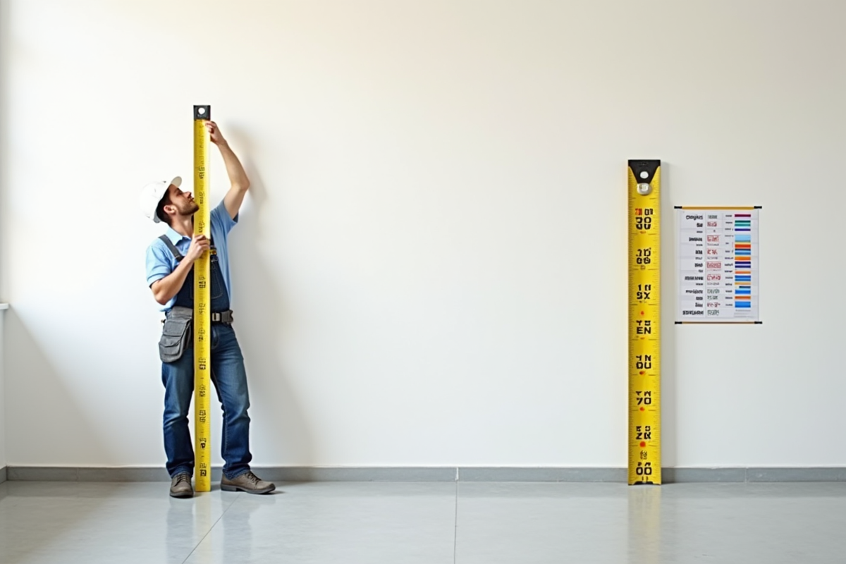 Ouvrier avec mètre jaune contre mur blanc avec tableau de conversion
