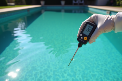 Mains gantées utilisant un pH-mètre pour mesurer l'eau de piscine verte