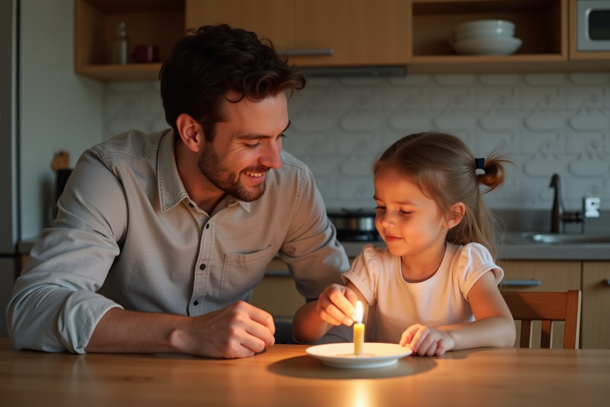 Père et fille soufflant une bougie sur la table