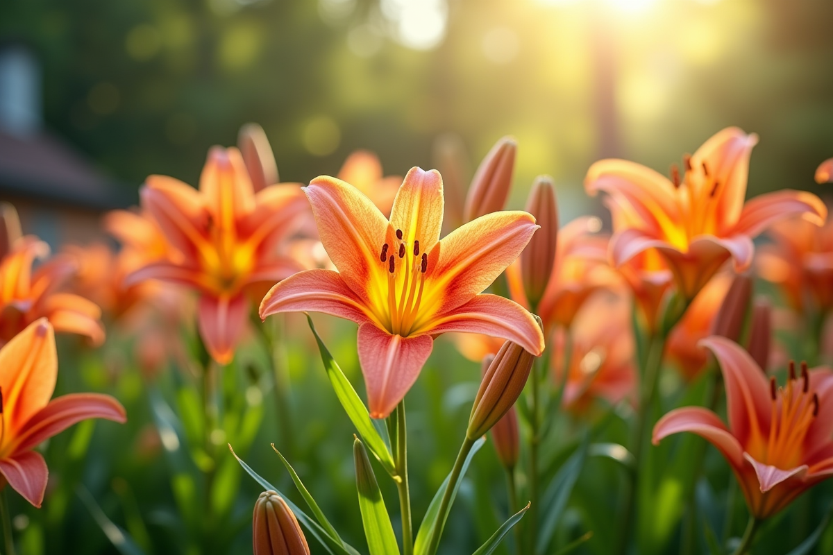 Parterre de lys en fleurs dans un jardin en été ensoleille