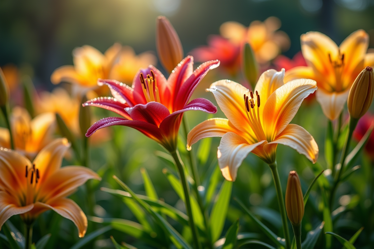 Parterre de lys asiatiques en fleurs dans un jardin verdoyant