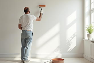 Peintre professionnel appliquant une couche de primer blanc sur un mur intérieur