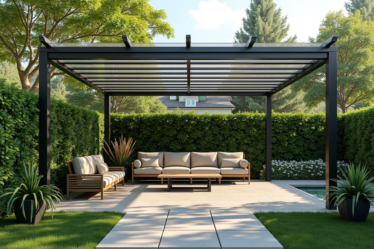 Pergola élégante en jardin avec toit en polycarbonate et espace détente