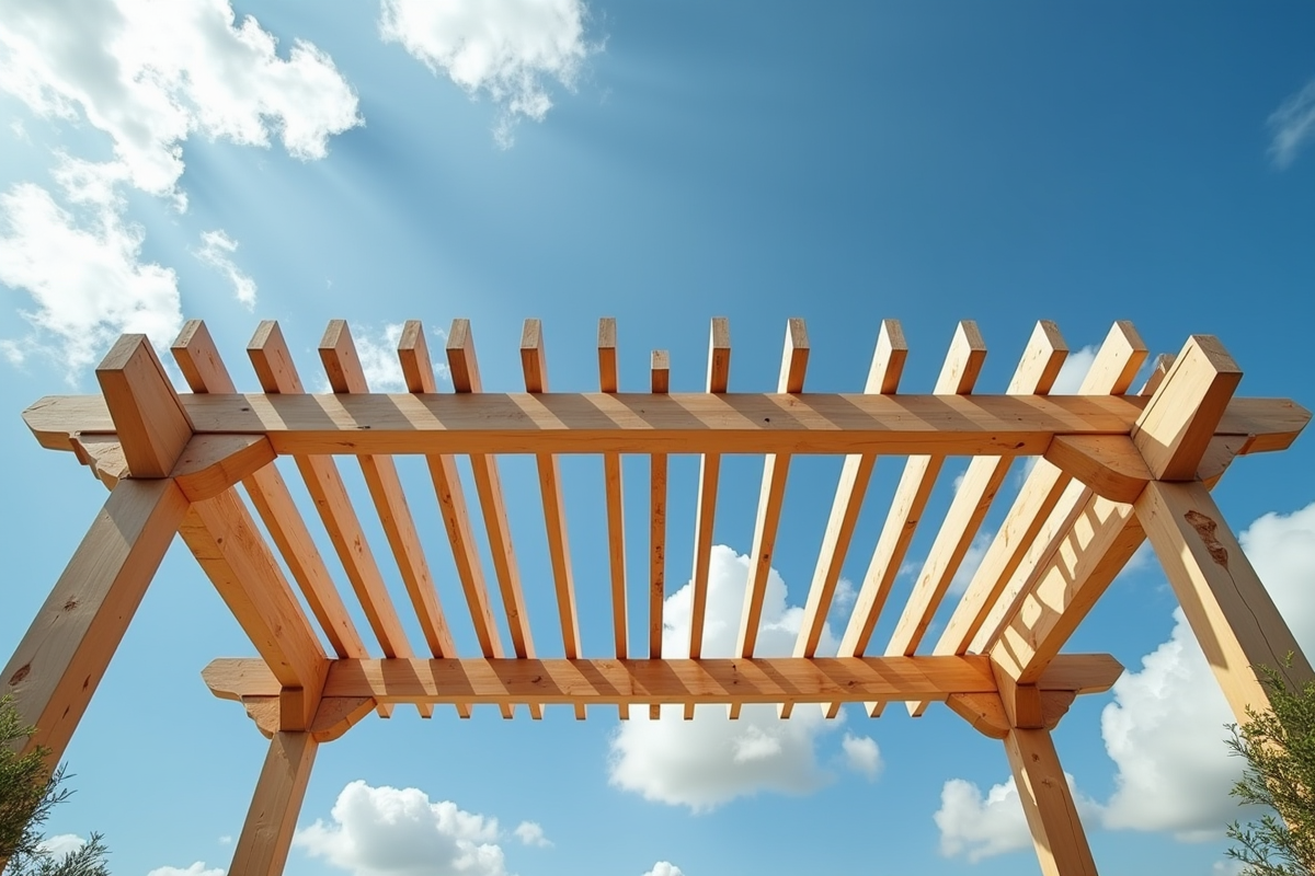 Pergola neuve avec poutres alignées vue de dessous vers le ciel en journée