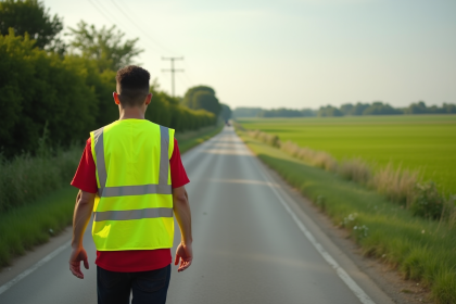 Personne marchant sur route rurale en veston réfléchissant