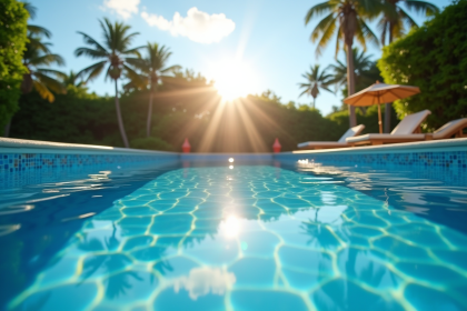 Piscine extérieure en été avec eau chauffée par le soleil