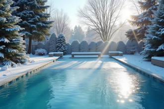 Piscine d'hiver dans un jardin calme entourée d'arbres givrés