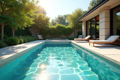 Piscine moderne dans un jardin verdoyant ensoleille