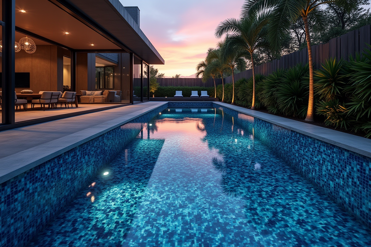 Piscine à mosaïque bleue sombre au coucher du soleil