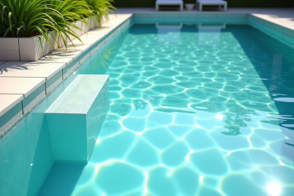 Piscine turquoise avec reflet et plantes vertes
