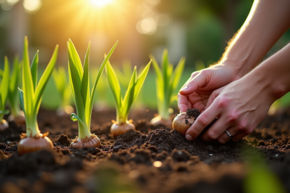 Jardinier plantant des bulbes de lilas asiatiques ensoleilles