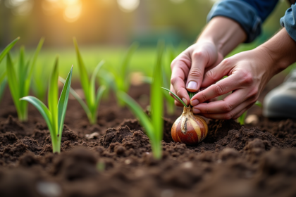 Mains de jardinier plantant des lys dans la terre fraîche
