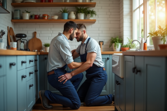 Plombier professionnel sous évier dans une cuisine moderne