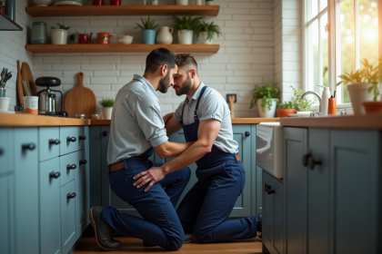 Plombier professionnel sous évier dans une cuisine moderne