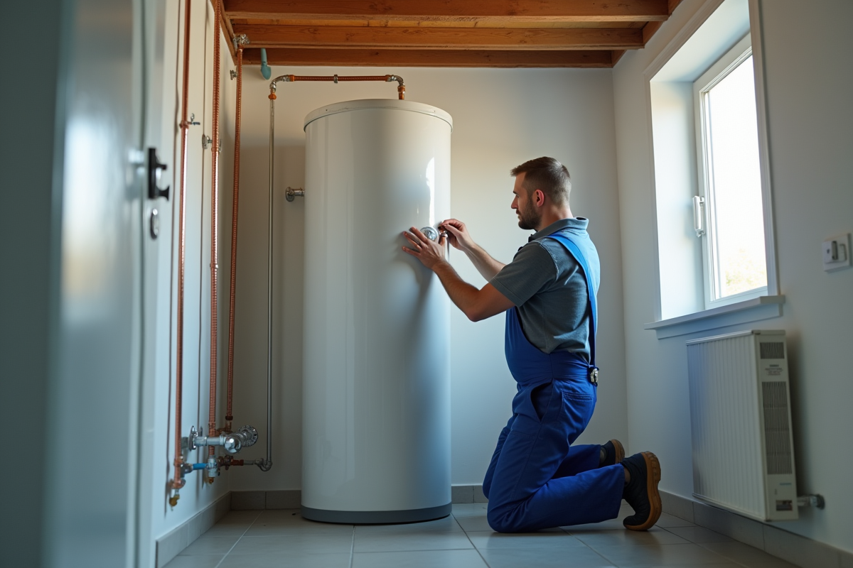 Plombier ajustant un chauffe-eau solaire dans une pièce propre