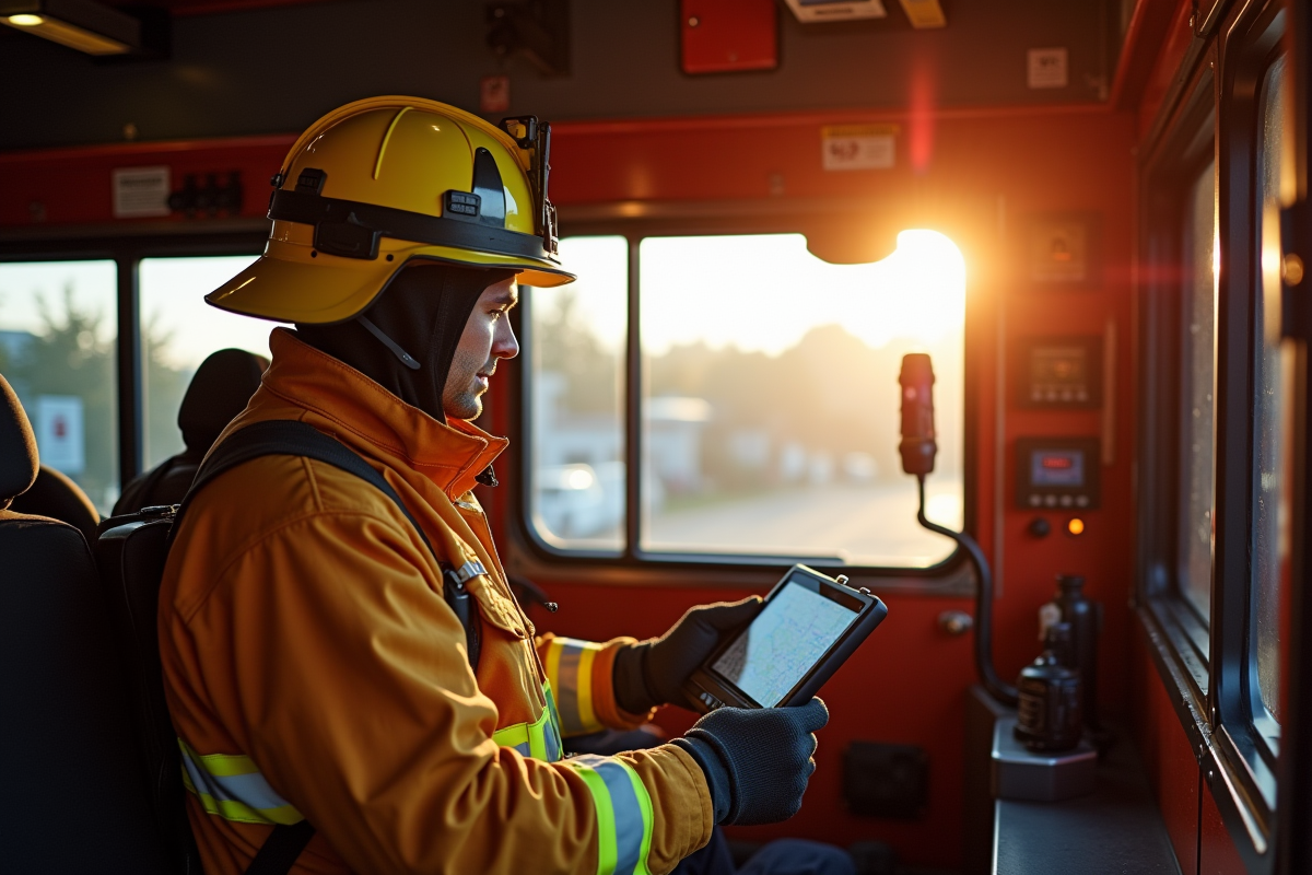 Pompiers modernes utilisant un GPS dans un camion de secours