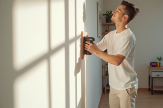 Personne ponçant un mur blanc dans un salon lumineux