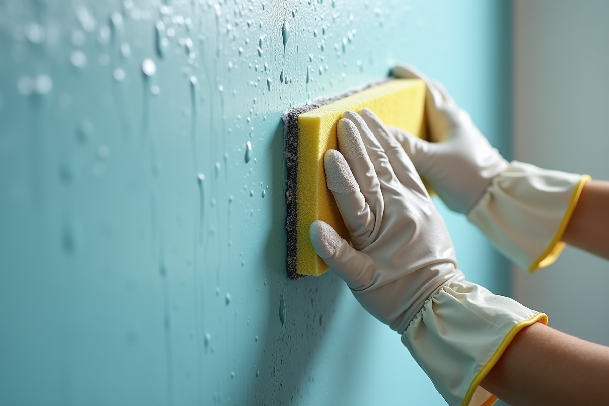 Mains protégées ponçant un mur avec une éponge humide