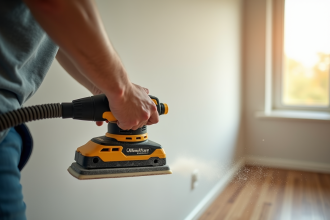 Personne ponçant un mur avec une ponceuse électrique moderne