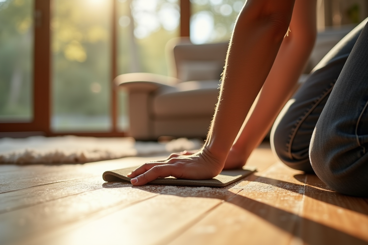 Personne ponçant un parquet en bois dans un salon ensoleille