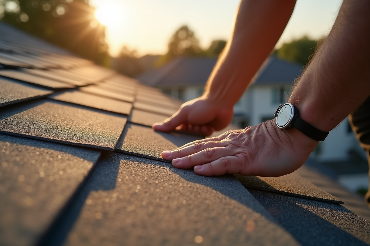 Gros plan sur des mains posant des tuiles avec précision sur le toit