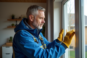 Installateur de vitres en action dans une maison moderne