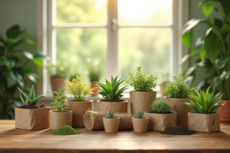Produits écologiques en matériaux recyclés sur une table en bois