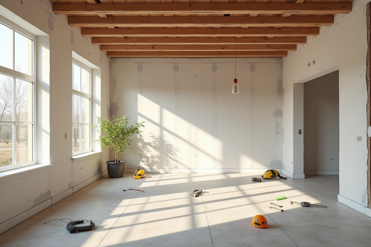 Salon en rénovation avec câblage électrique visible et outils
