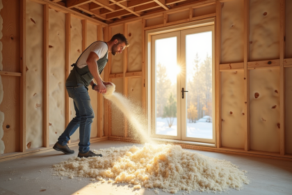 Salon moderne en rénovation avec ouvrier posant de la cellulose