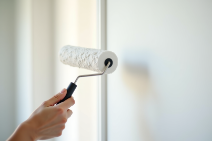 Main professionnelle avec rouleau blanc en primer sur mur moderne