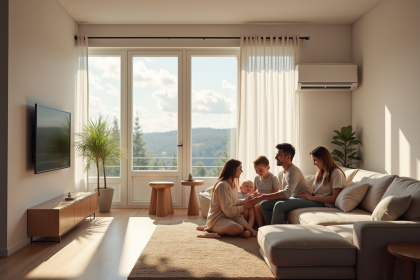 Salon moderne avec pompe à chaleur murale et famille