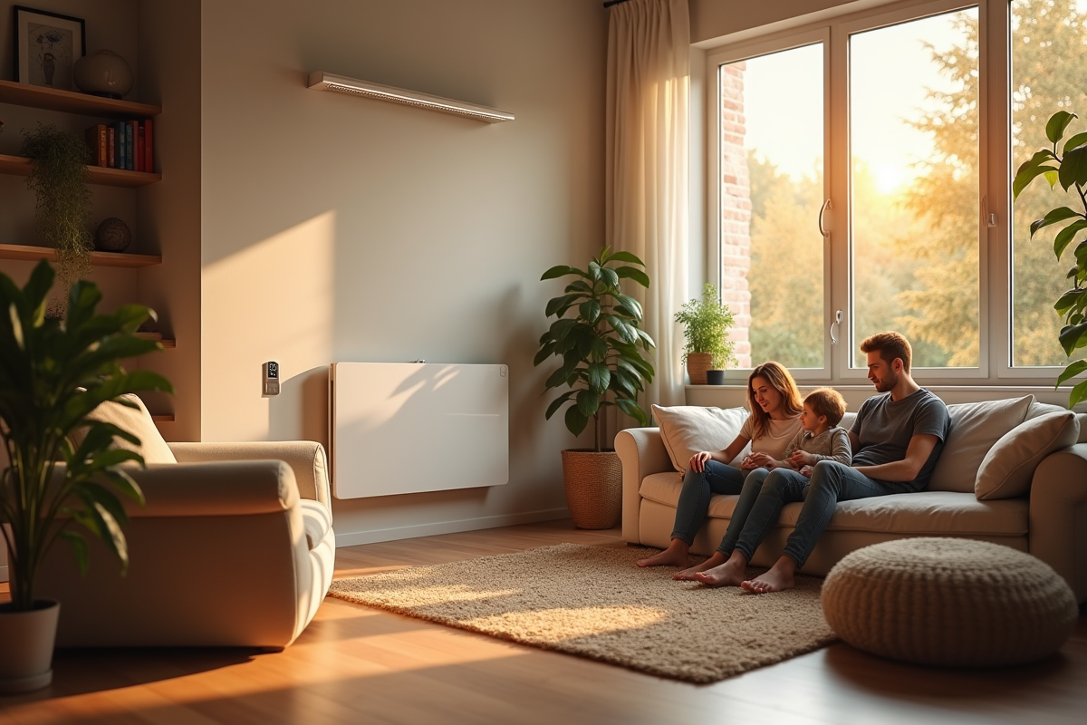 Salon moderne chaleureux avec famille et chauffage eco