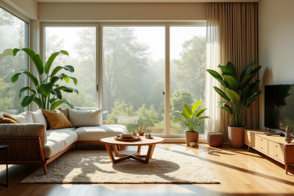 Salon moderne avec plantes et bois naturel pour un style eco