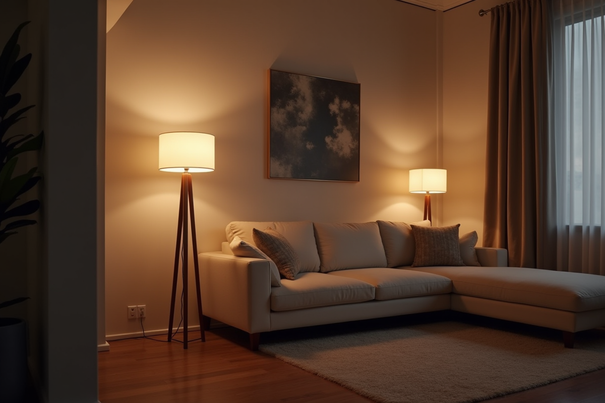 Salon cosy avec lampe moderne et lumière chaude