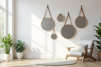 Salon moderne avec miroirs ronds suspendus en cuir