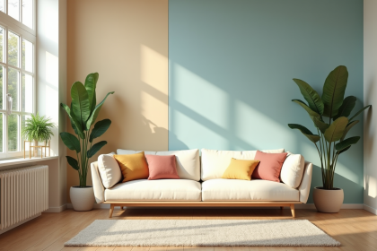 Salon moderne avec canapé beige et lumière naturelle