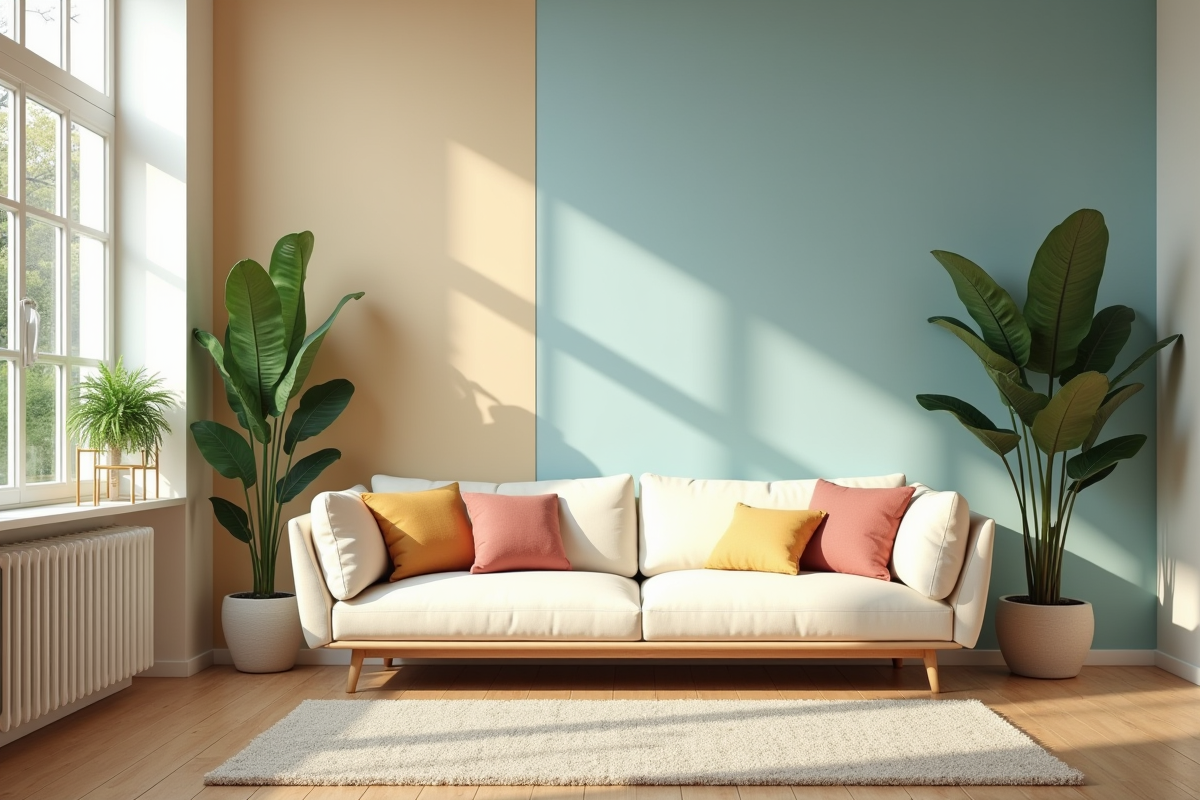 Salon moderne avec canapé beige et lumière naturelle