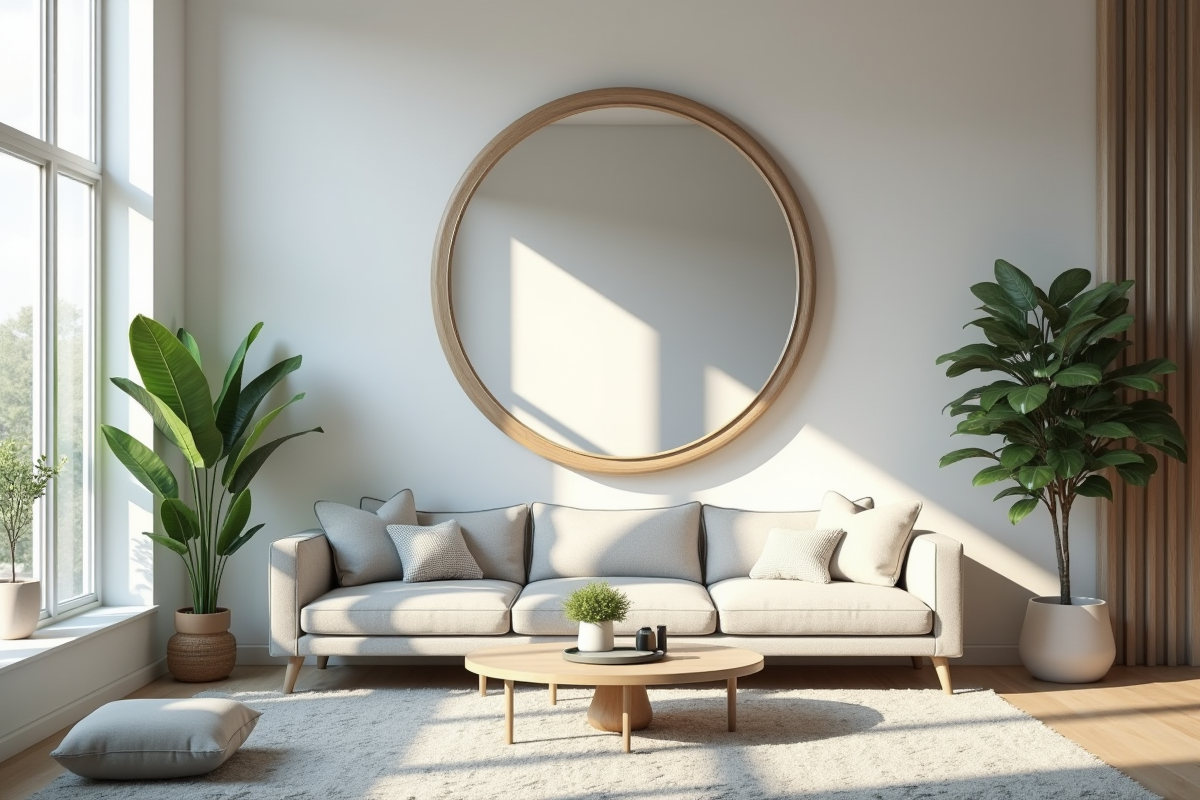 Salon moderne avec grand miroir decoratif et canapé gris clair
