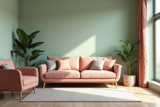 Salon moderne avec mur vert sauge et mobilier scandinave