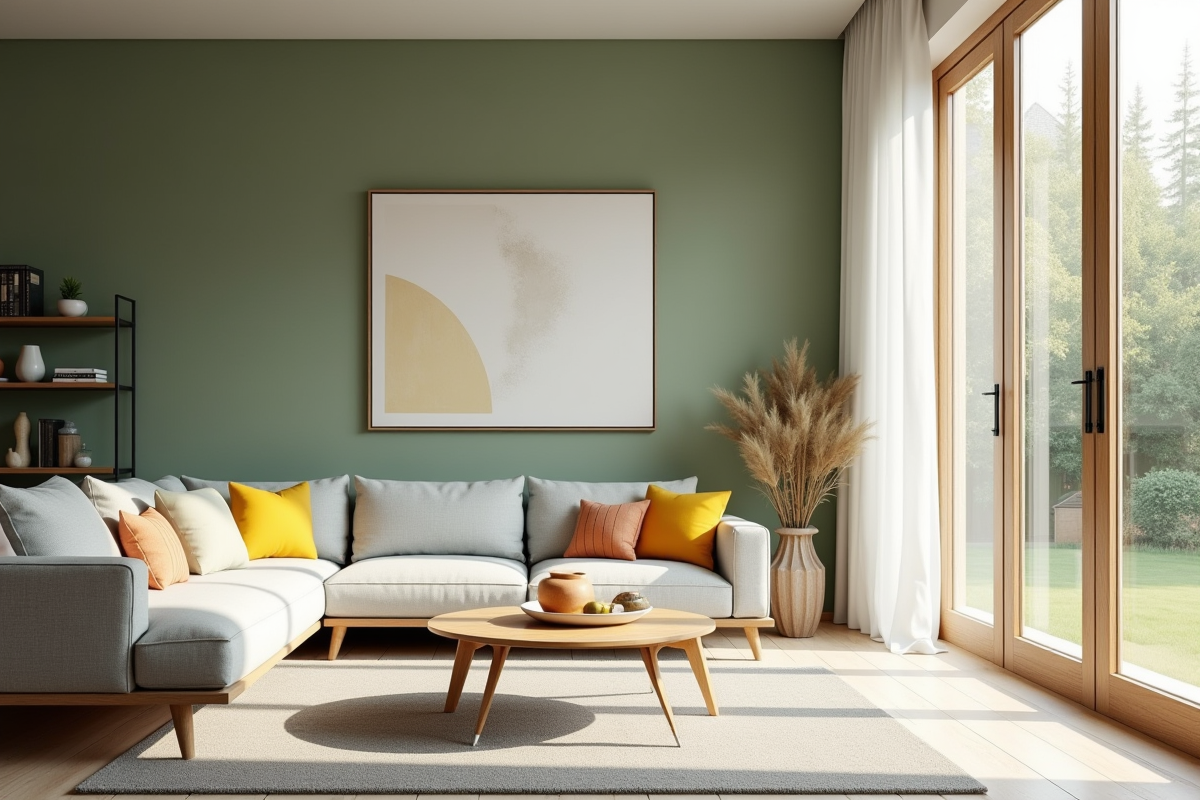 Salon scandinave avec mur vert et portes ouvertes