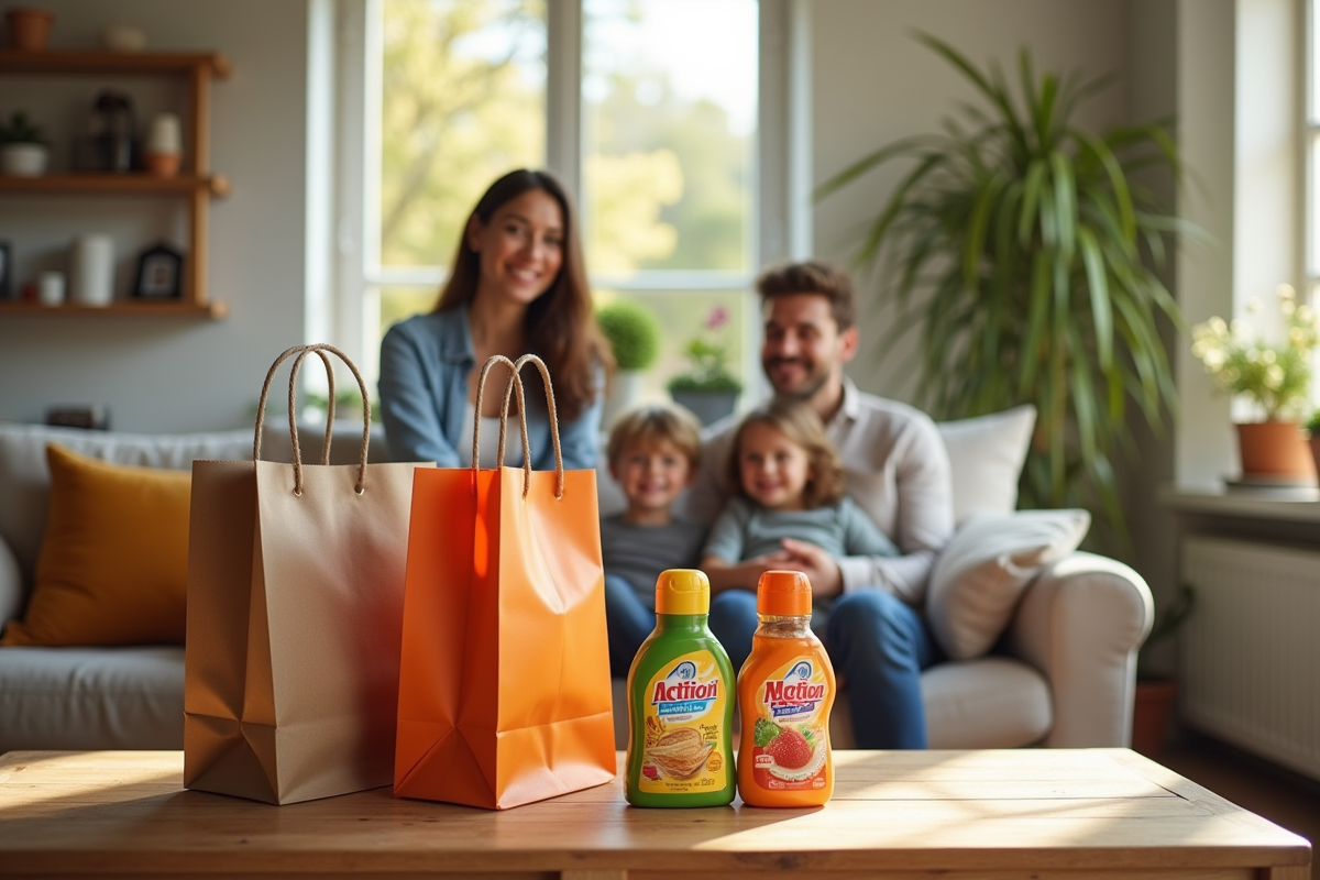 Salon lumineux avec sacs de shopping Action et produits quotidiens