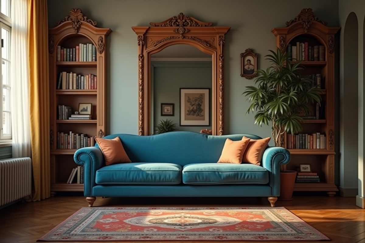 Salon vintage avec miroir en cadre en bois et canapé en velours bleu